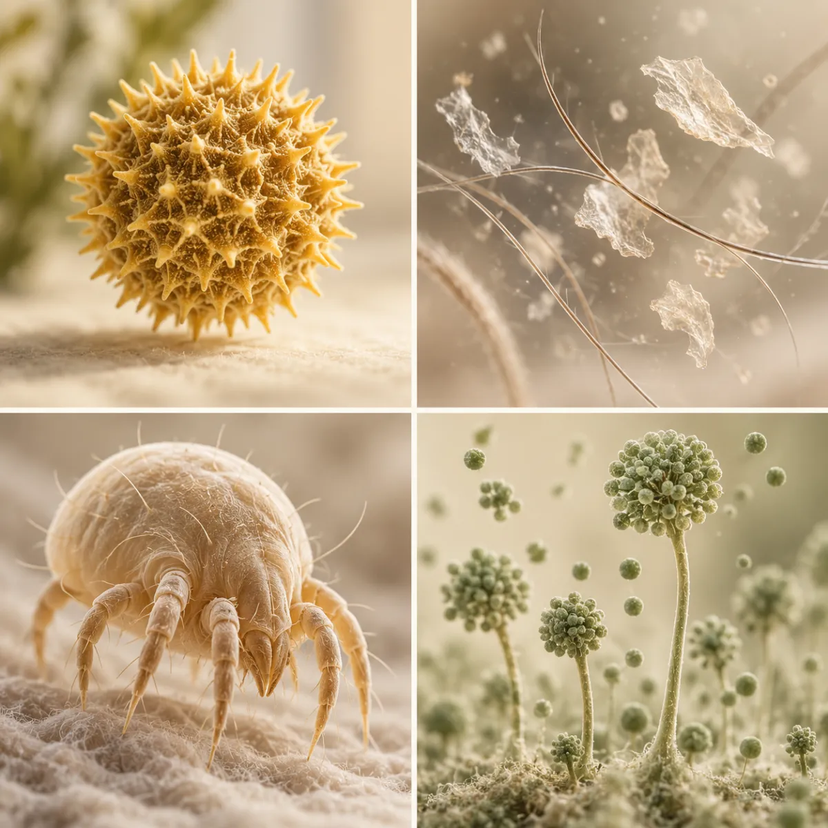Four-panel illustration: pollen grain, pet dander, dust mite, mold spores, clean flat style