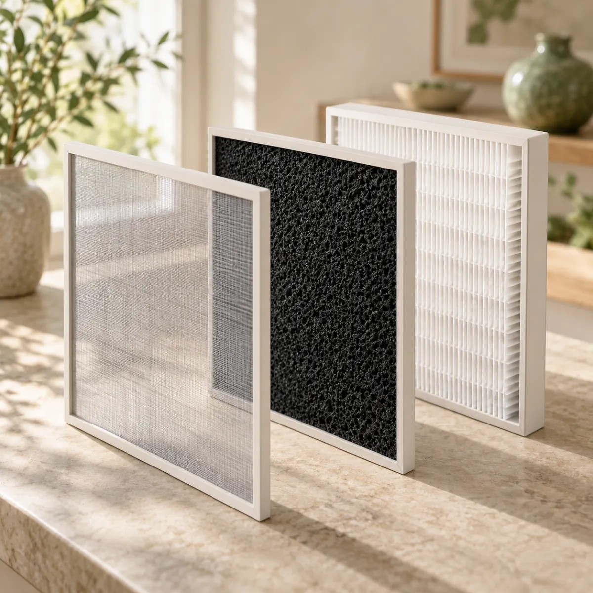 Exploded diagram-style photo of three filter layers: mesh pre-filter, black carbon filter, pleated white HEPA filter