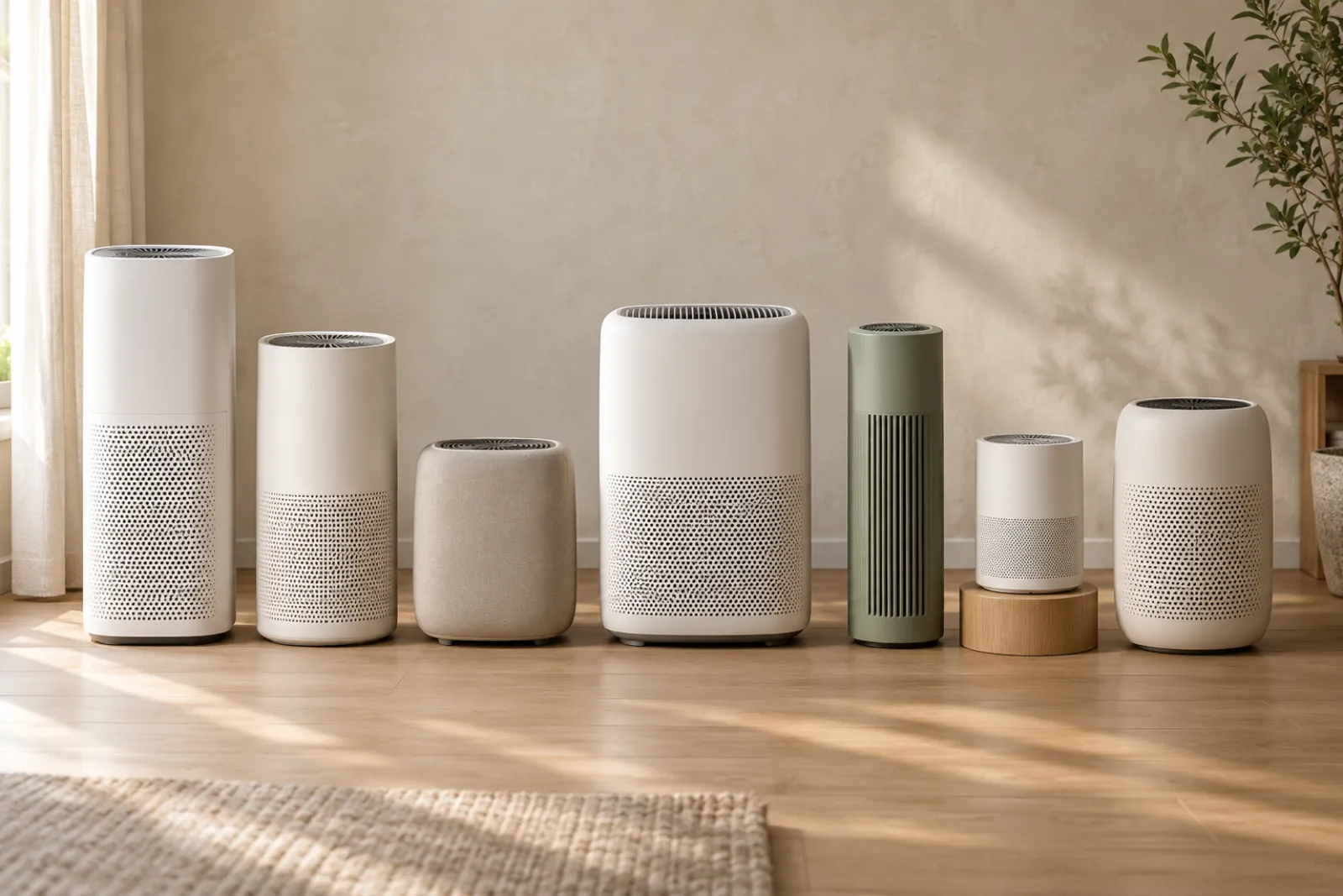 Lineup of seven different air purifiers of varying sizes against a neutral wall, studio photo