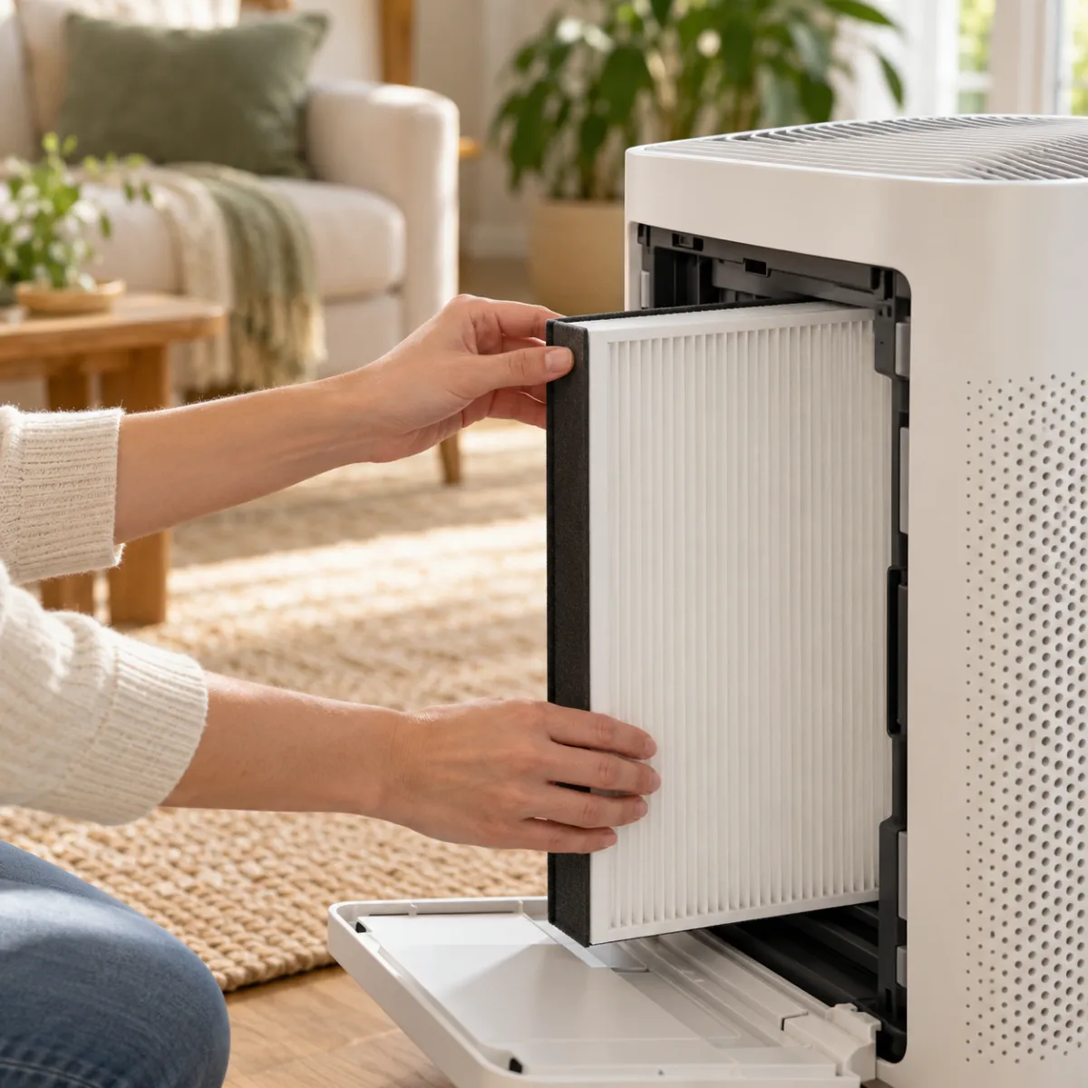 Hands sliding a new HEPA filter into an open air purifier