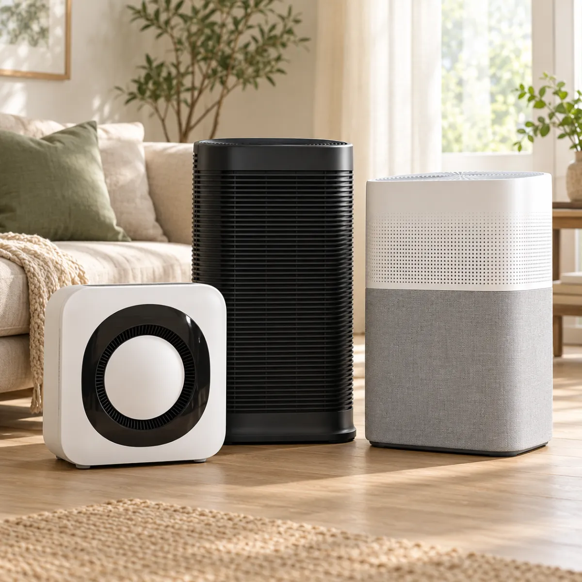 Coway Airmega AP-1512HH, Honeywell HPA300 and Blueair Blue Pure 211i Max grouped in a bright living room