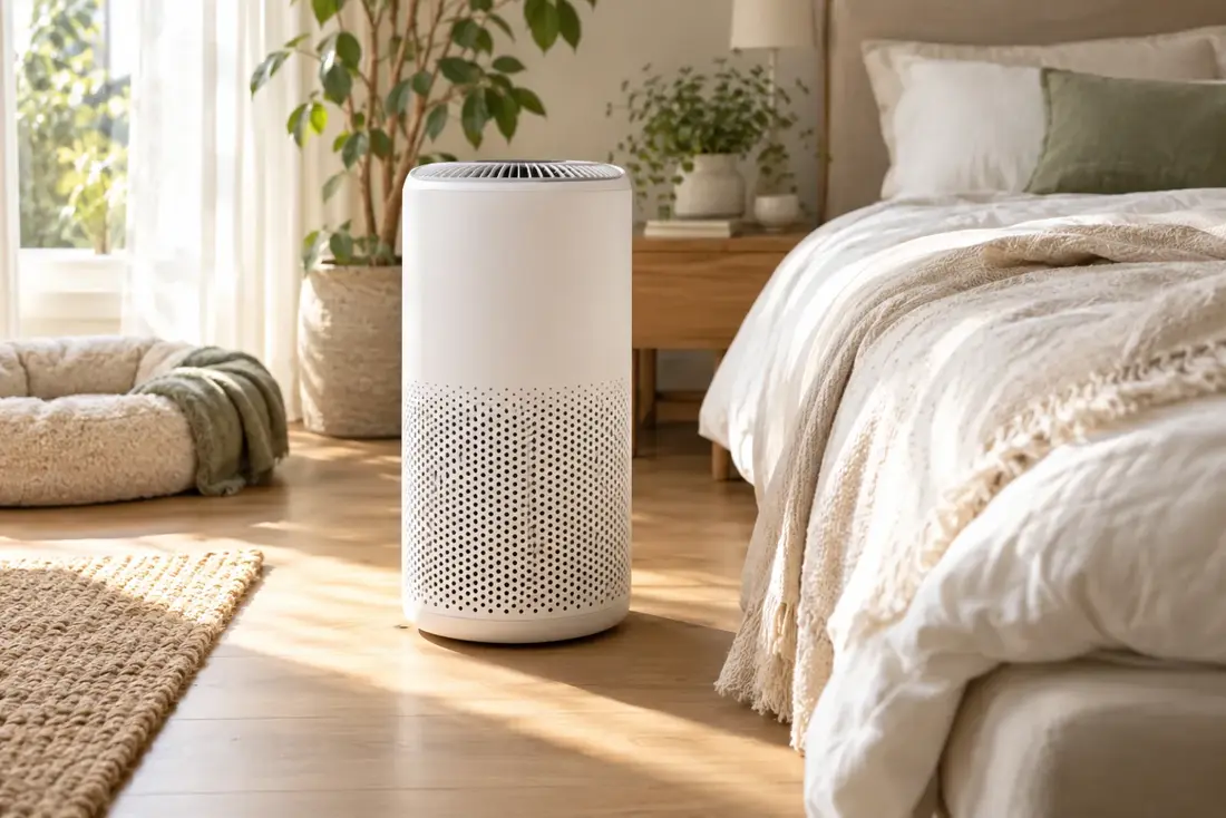 White tower-style HEPA air purifier on the floor near a bed, soft morning light, plants and a pet bed in background, calm clean home atmosphere, editorial photo