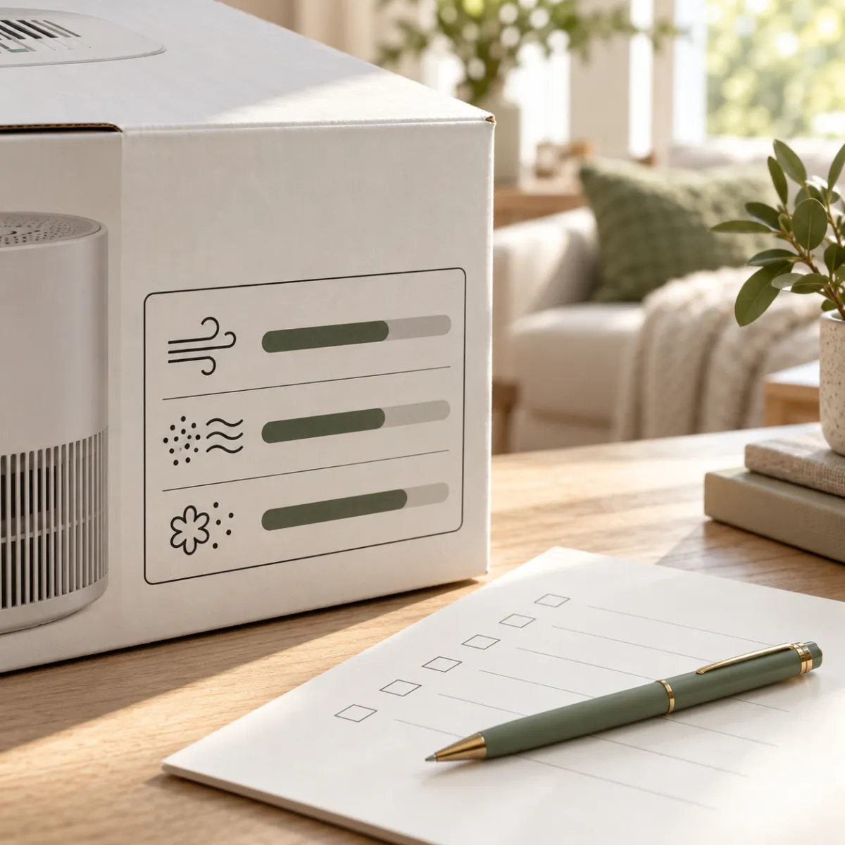 Close-up of an air purifier box side panel showing AHAM CADR label beside a printed checklist and pen on a desk