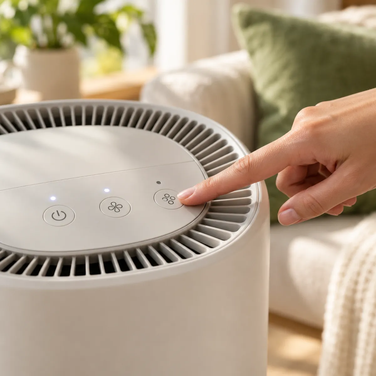 Finger pressing the ionizer off button on an air purifier control panel, close-up