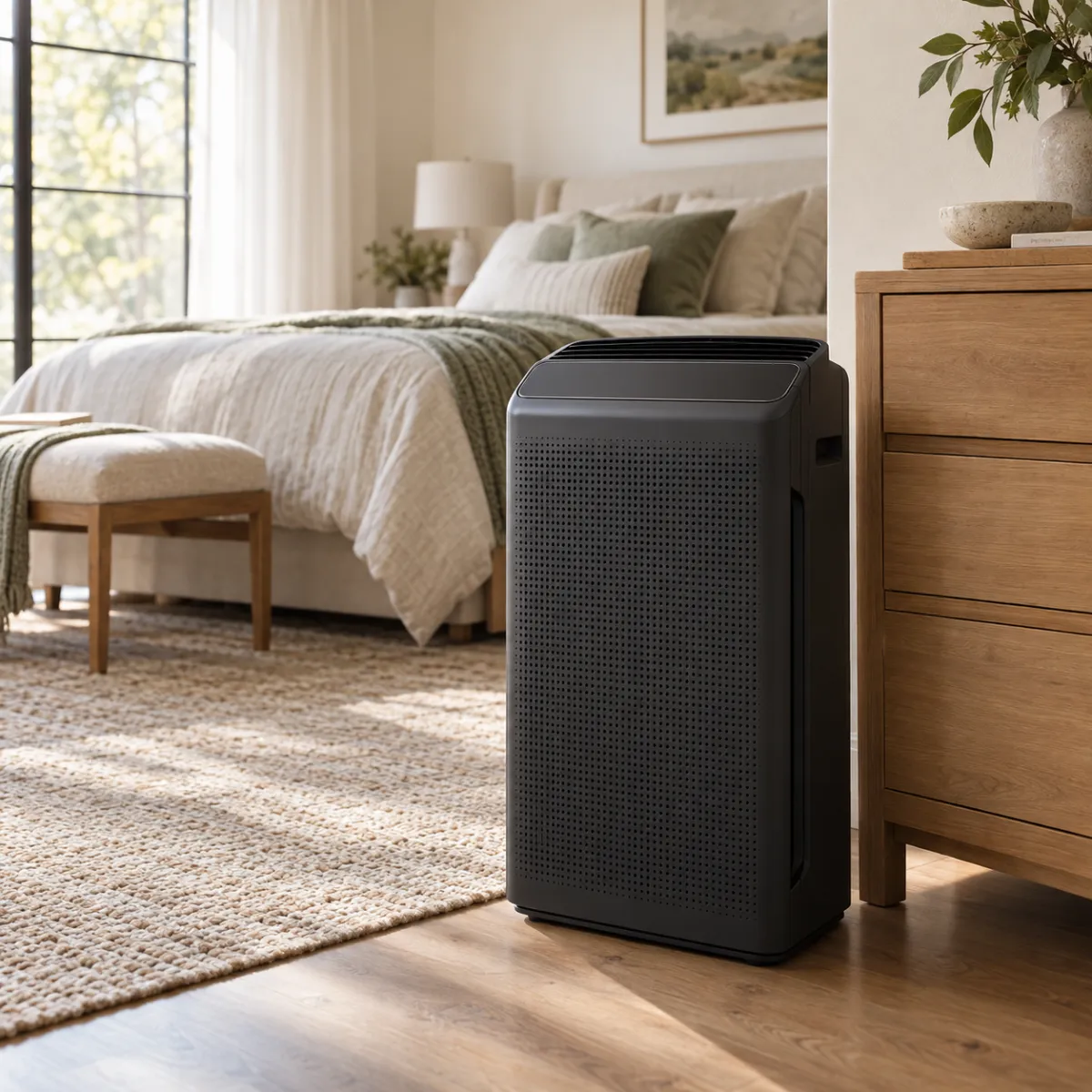 Winix 5500-2 tower air purifier next to a dresser in a large bedroom, neutral tones