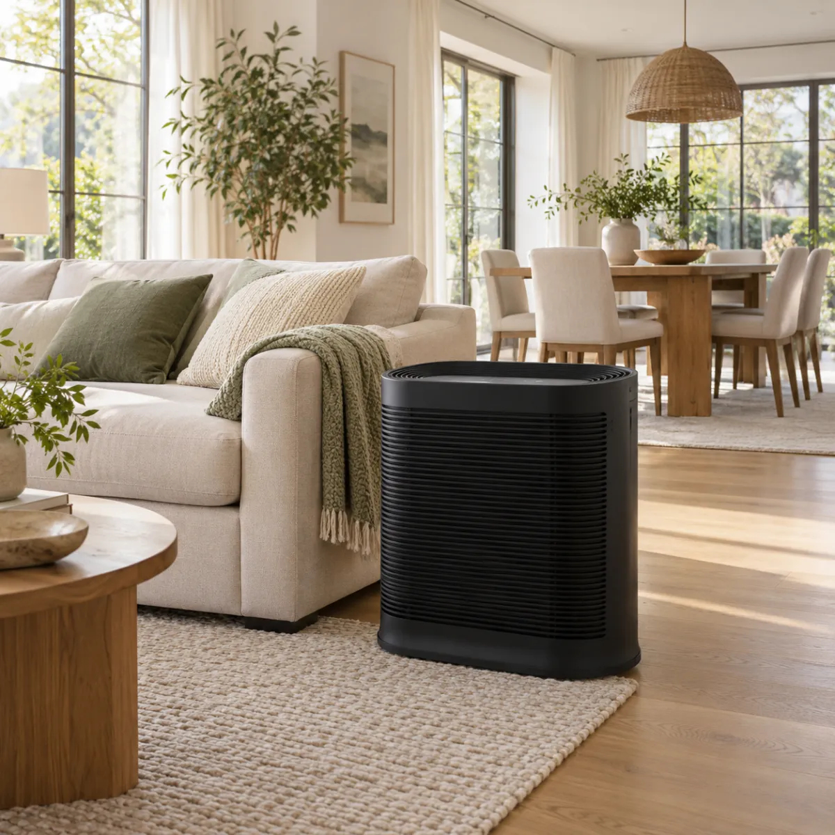 Honeywell HPA300 in a spacious open-plan living and dining room, wide shot