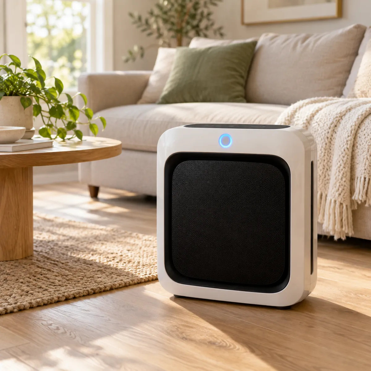 Coway Airmega AP-1512HH on a wooden floor in a living room, front air quality light on, product lifestyle photo
