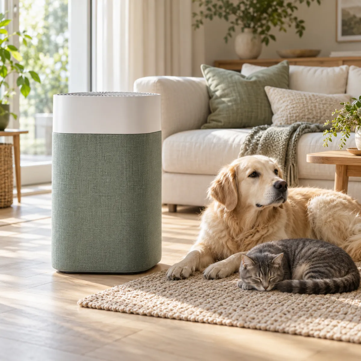 Blueair Blue Pure 211i Max with a colored washable fabric sleeve in a living room with a cat and a dog resting nearby