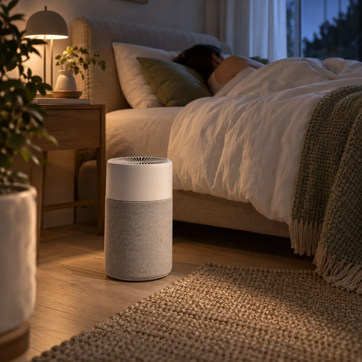 Small Blueair Blue Pure 411i Max on a bedroom floor at night with dimmed lights, person sleeping