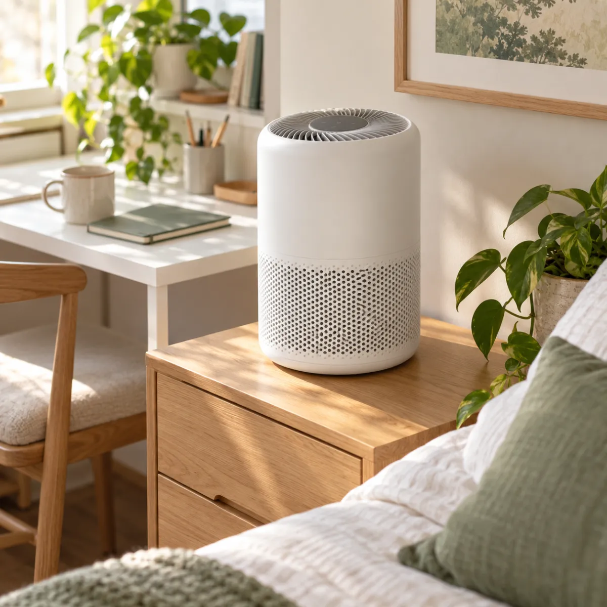Levoit Core 300 cylinder purifier on a desk or nightstand in a small dorm/home office