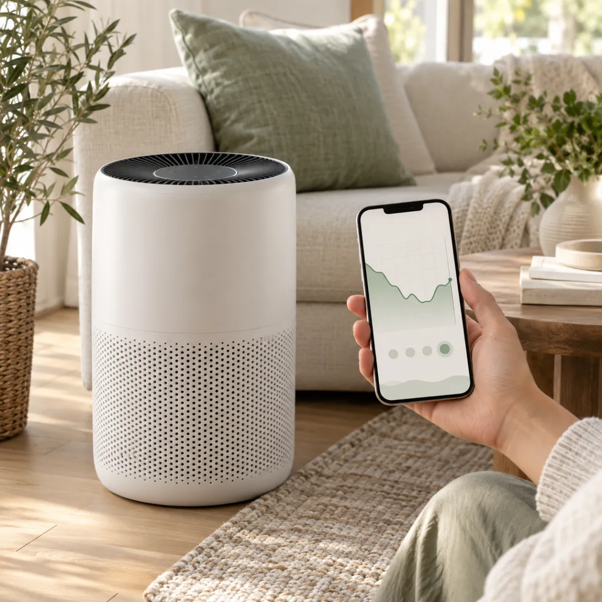 Levoit Core 400S beside a hand holding a smartphone showing an air quality graph