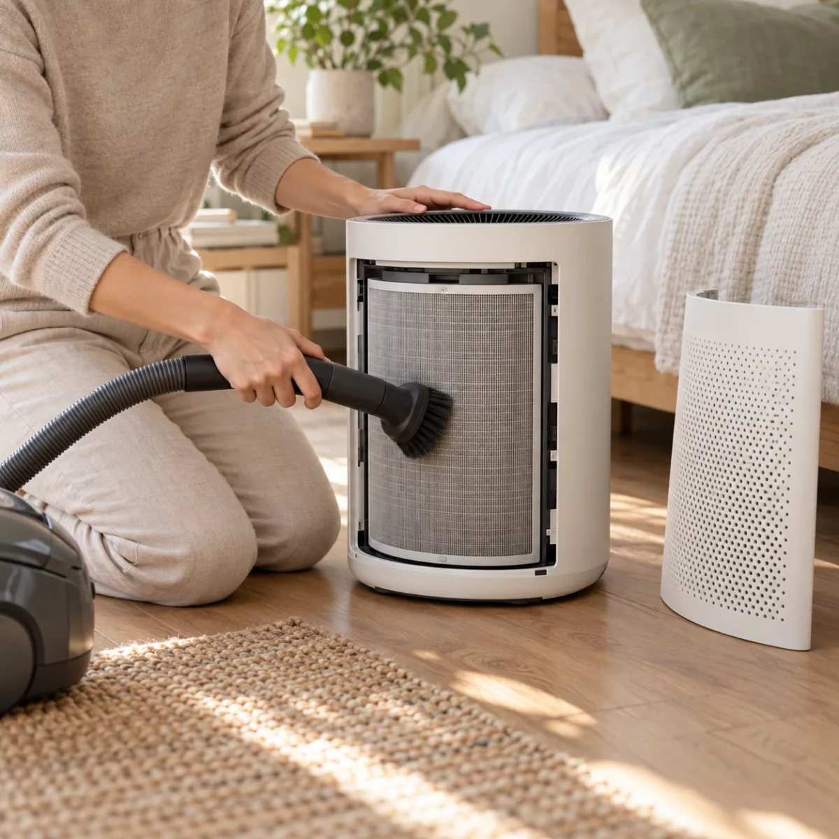 Person vacuuming the pre-filter of an air purifier positioned near a bed, away from the wall