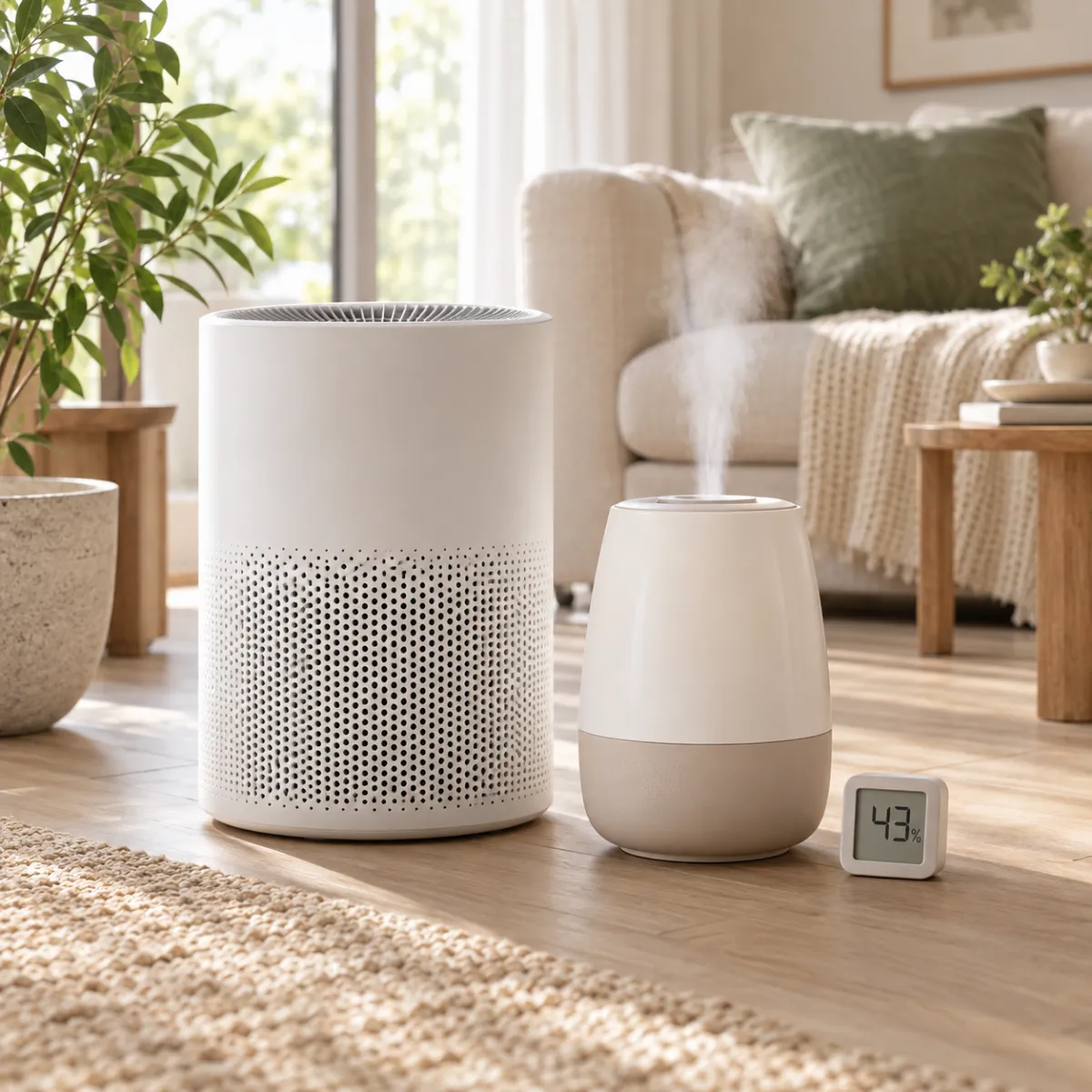Air purifier and ultrasonic humidifier on a floor with a small digital hygrometer showing humidity in the 30-50% range