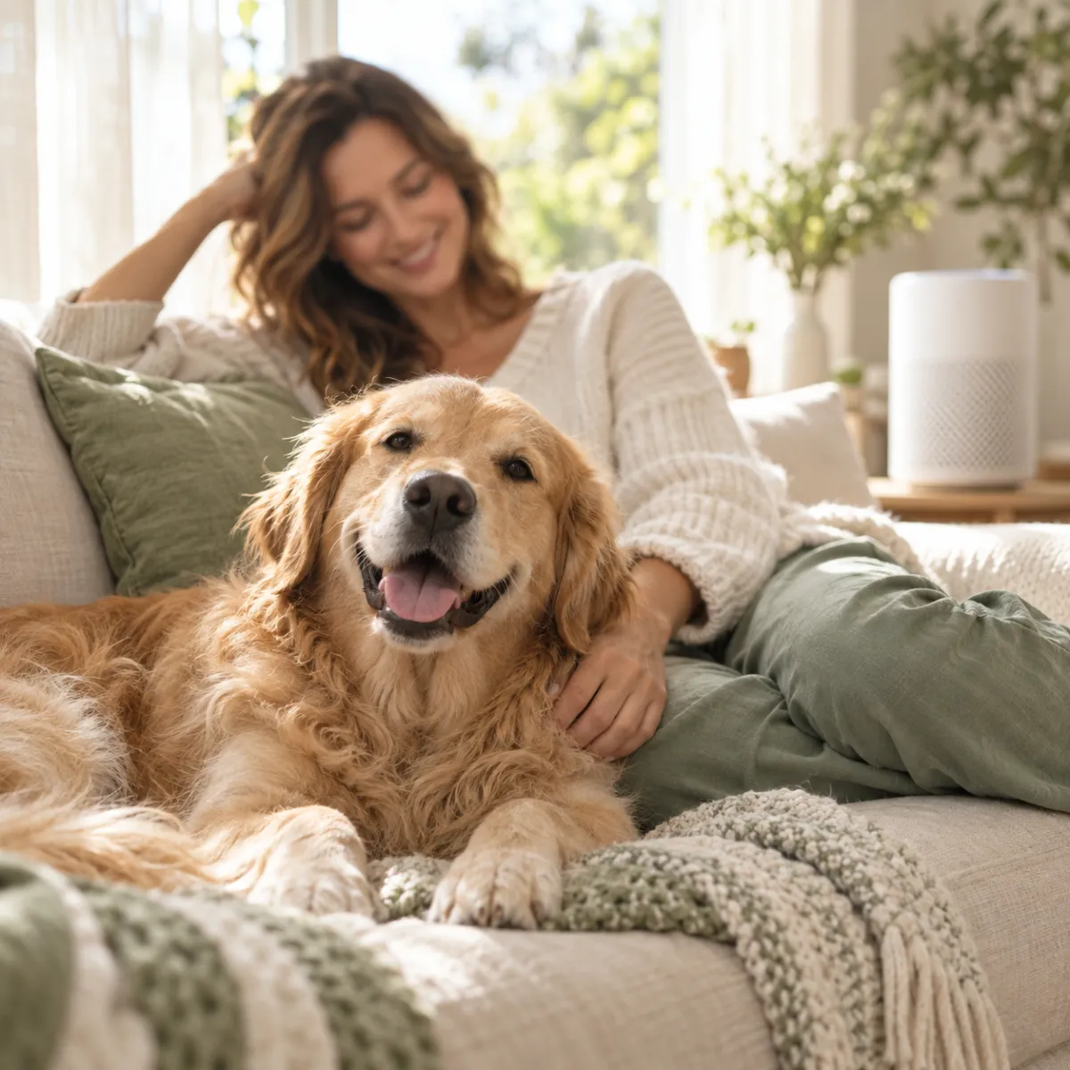 Smiling person on a sofa with a dog, air purifier in background, relaxed spring mood