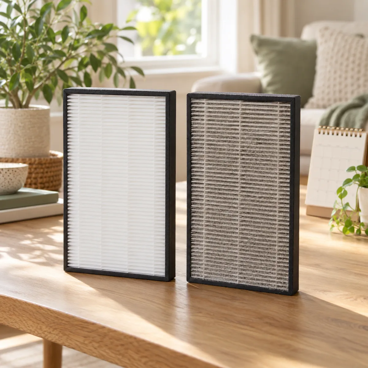 Fresh white pleated HEPA filter beside a dirty grey used filter on a table, calendar in background