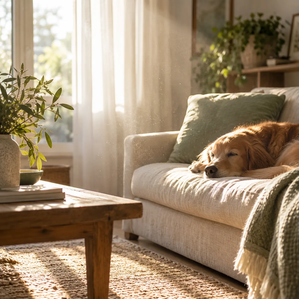 Beam of window light revealing airborne dust and pollen in a cozy living room with a sofa and a dog, macro-ish lifestyle shot